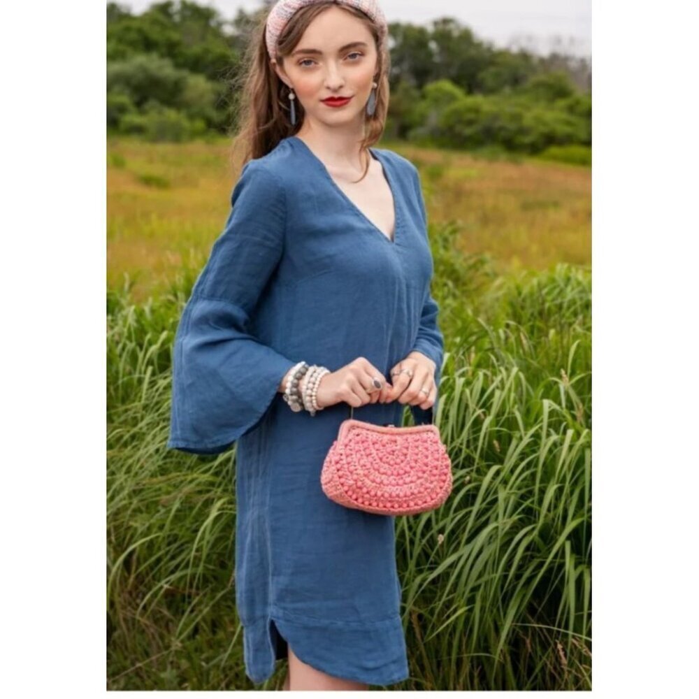 120% Lino Linen Dress Sz 38 XS Blue Tunic‎ Bell Sleeves Lagenlook
